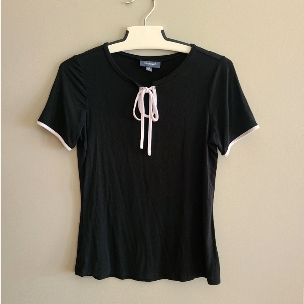 Modcloth Black Tie Neck Short Sleeve Shirt - Retro Tee